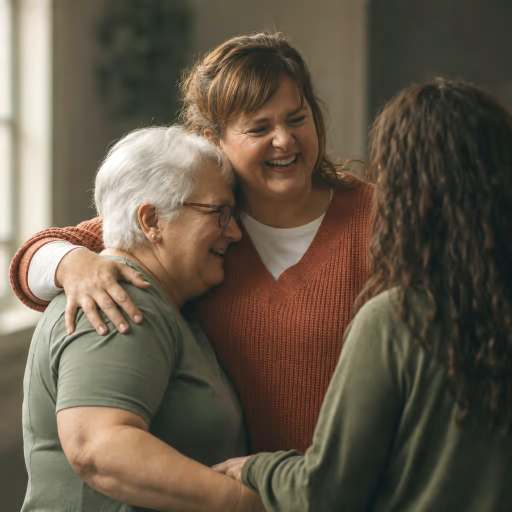 Three women embracing and welcoming one another